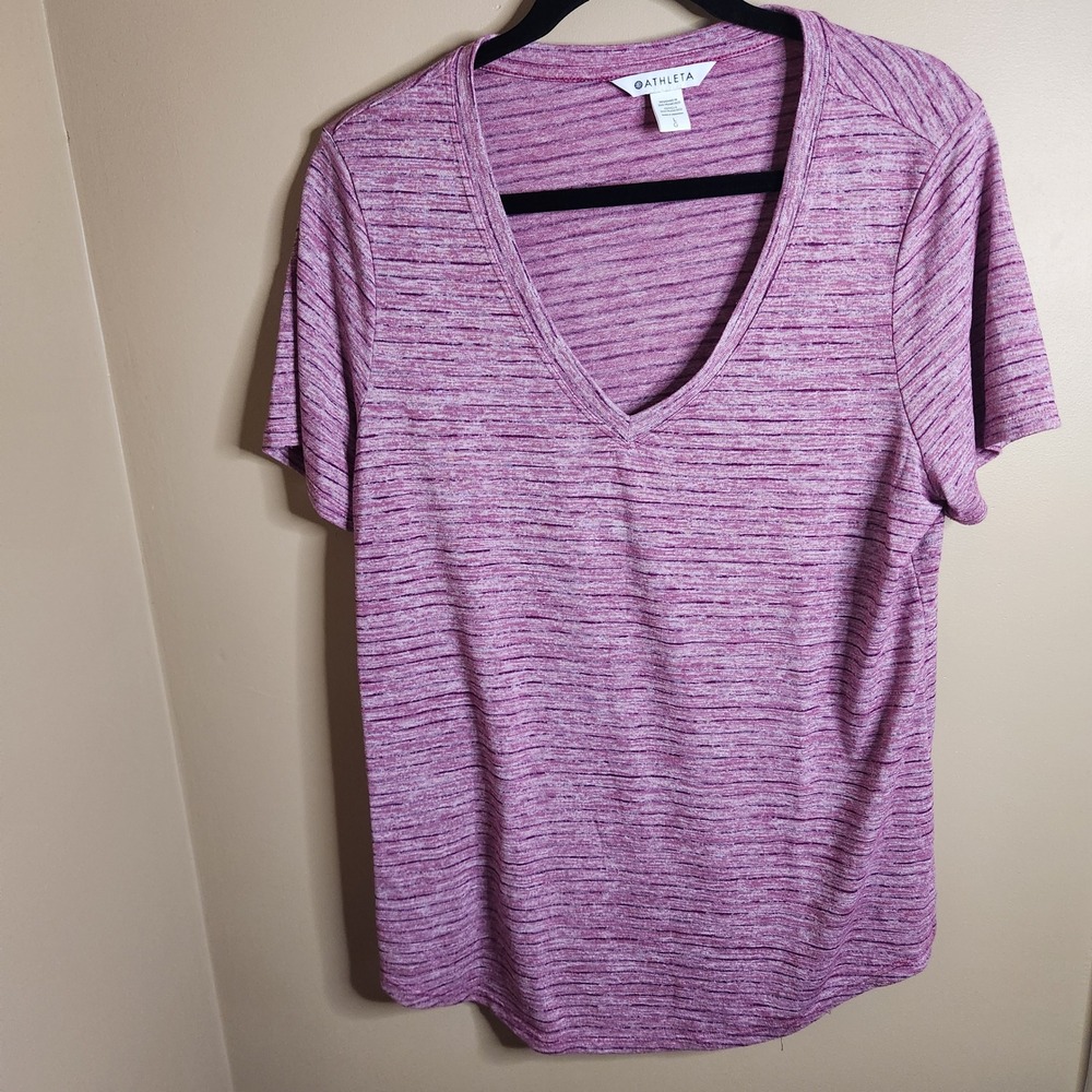 Athleta Breezy Purple Striped V-Neck Tee  657751 Size L